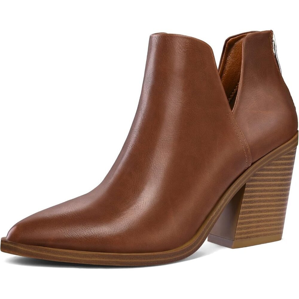 Mysoft Women's Brown Pu Chunky Mid Heel Slip on Pointed Toe Stacked Ankle Boots